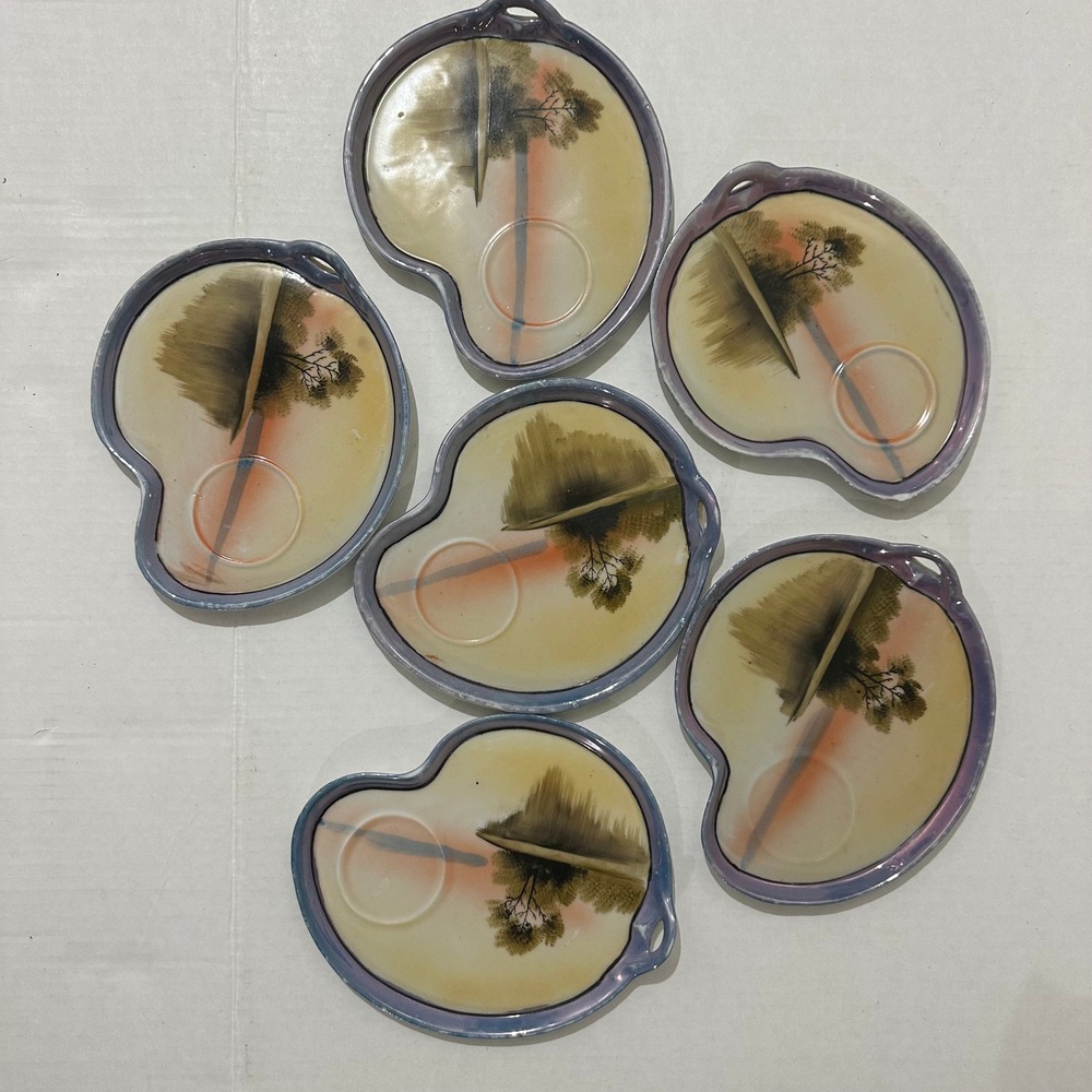 Vintage Set of 6 Japan Scenic Landscape Tea Cup Saucers Unique Shape